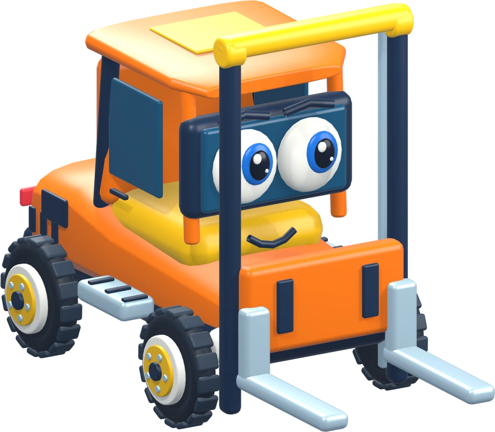 Orange forklift with bright blue eyes and a happy smile
