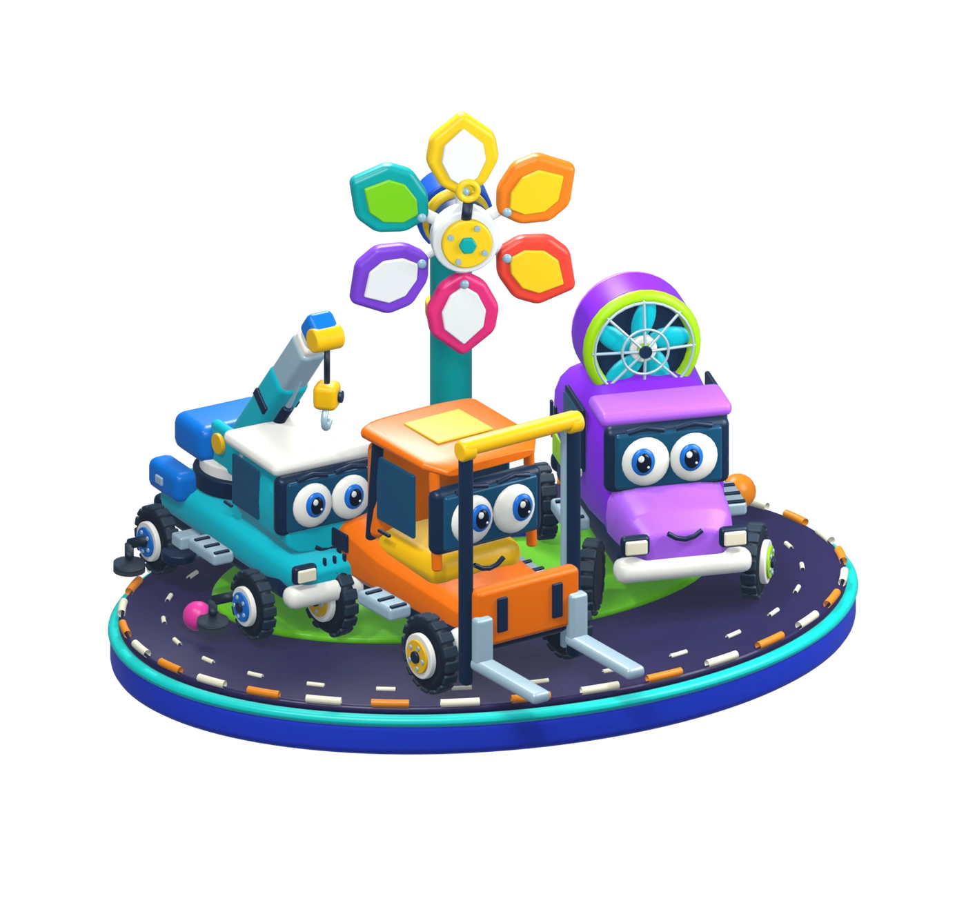 Our orange forklift, turquoise crane and purple fan truck on their colourful little island